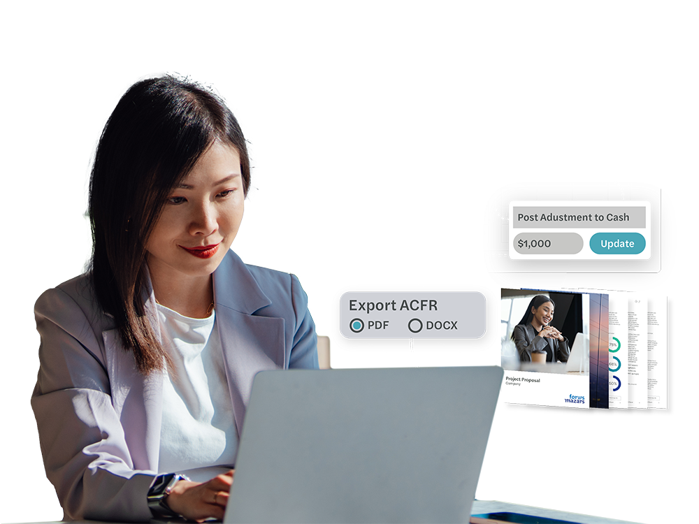 Woman using a laptop with TRS screenshot superimposed over background