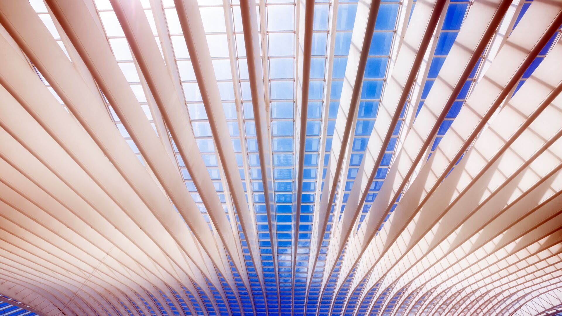 Modern roof of a public transportation building of Liege Guillemins railway station, Belgium, with lights, shadows and sky seen through the glass