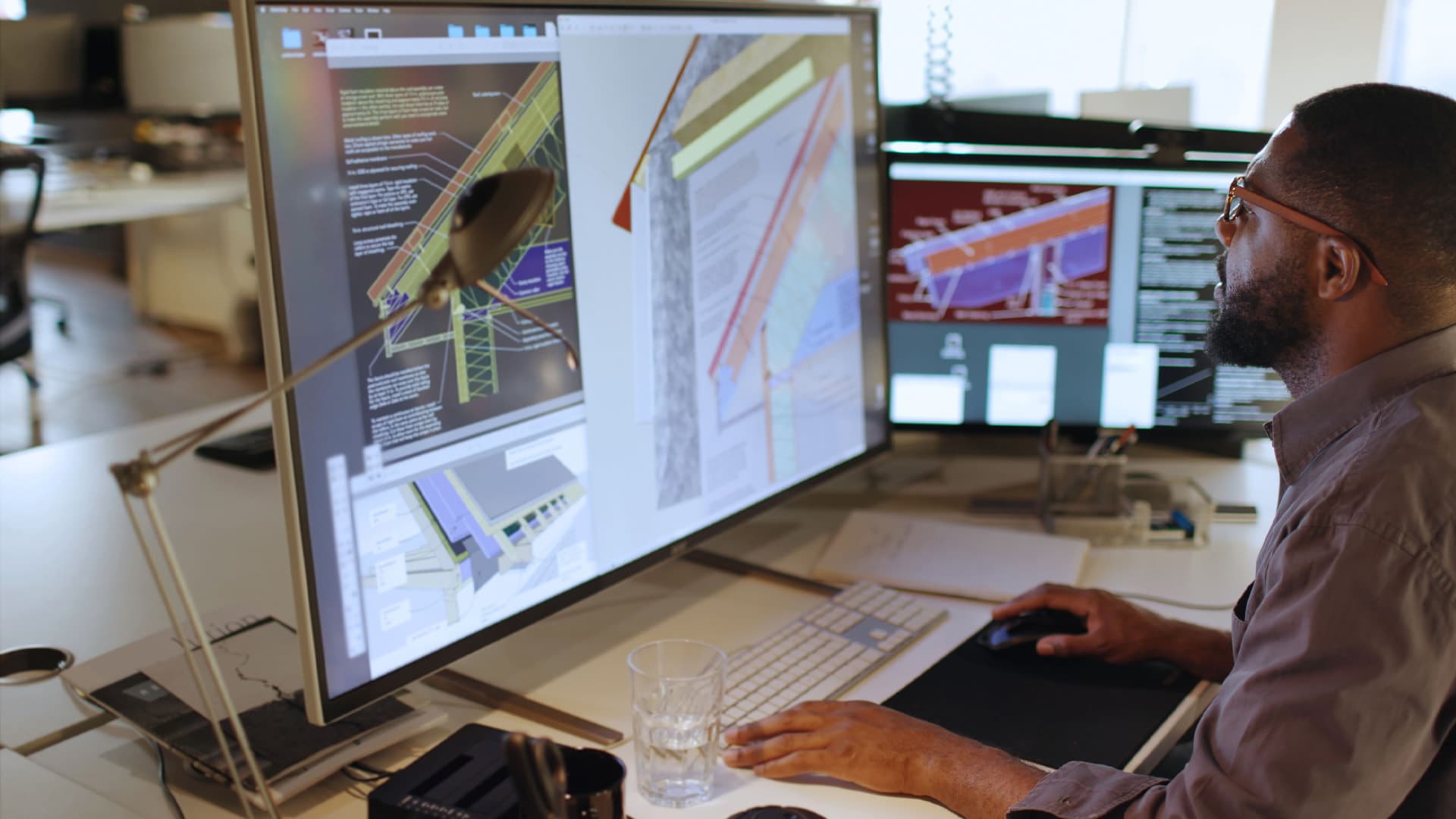 A man sitting at a desk while looking at a couple of computer monitors and going over construction plans