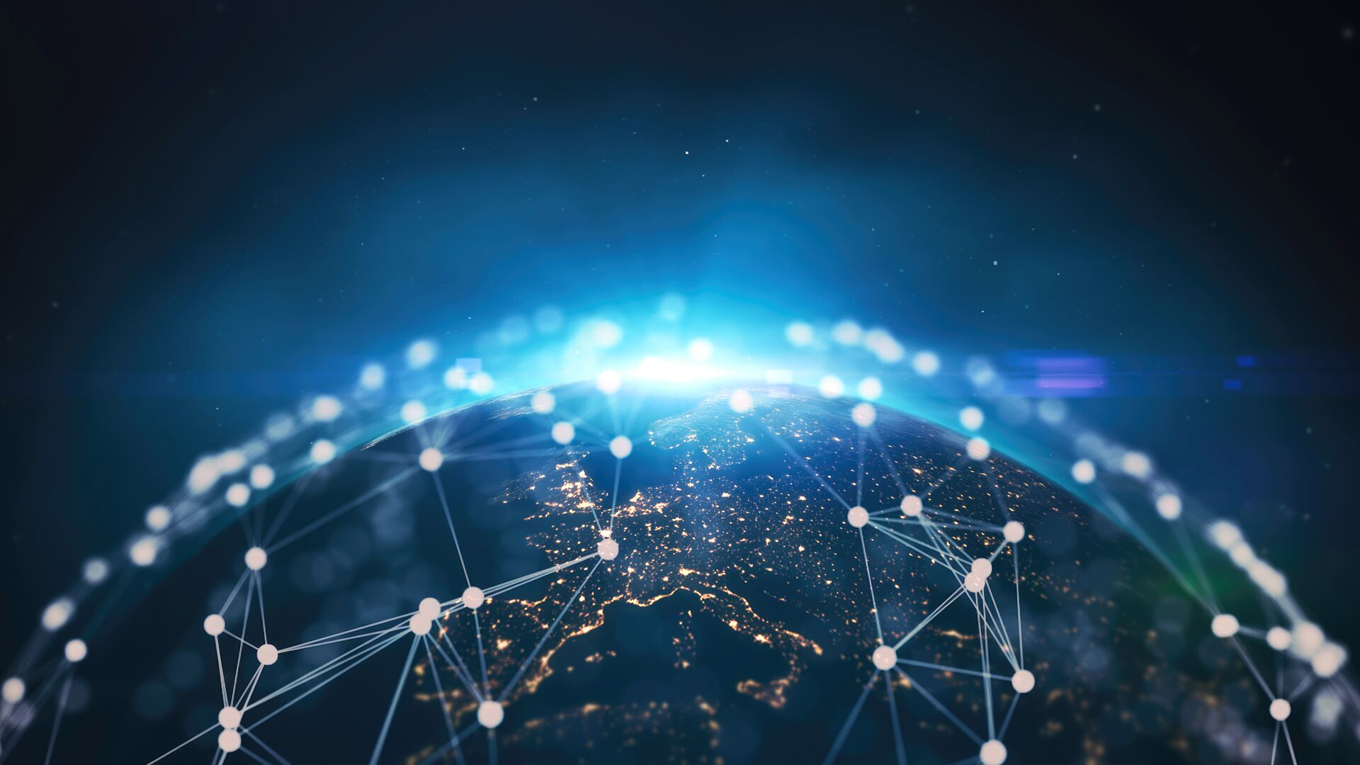 A 3D render of planet Earth that has connecting dots and lines to show a connected digital network.