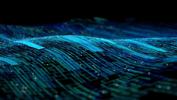 Imagined concept of AI, wavy blue lines connecting.