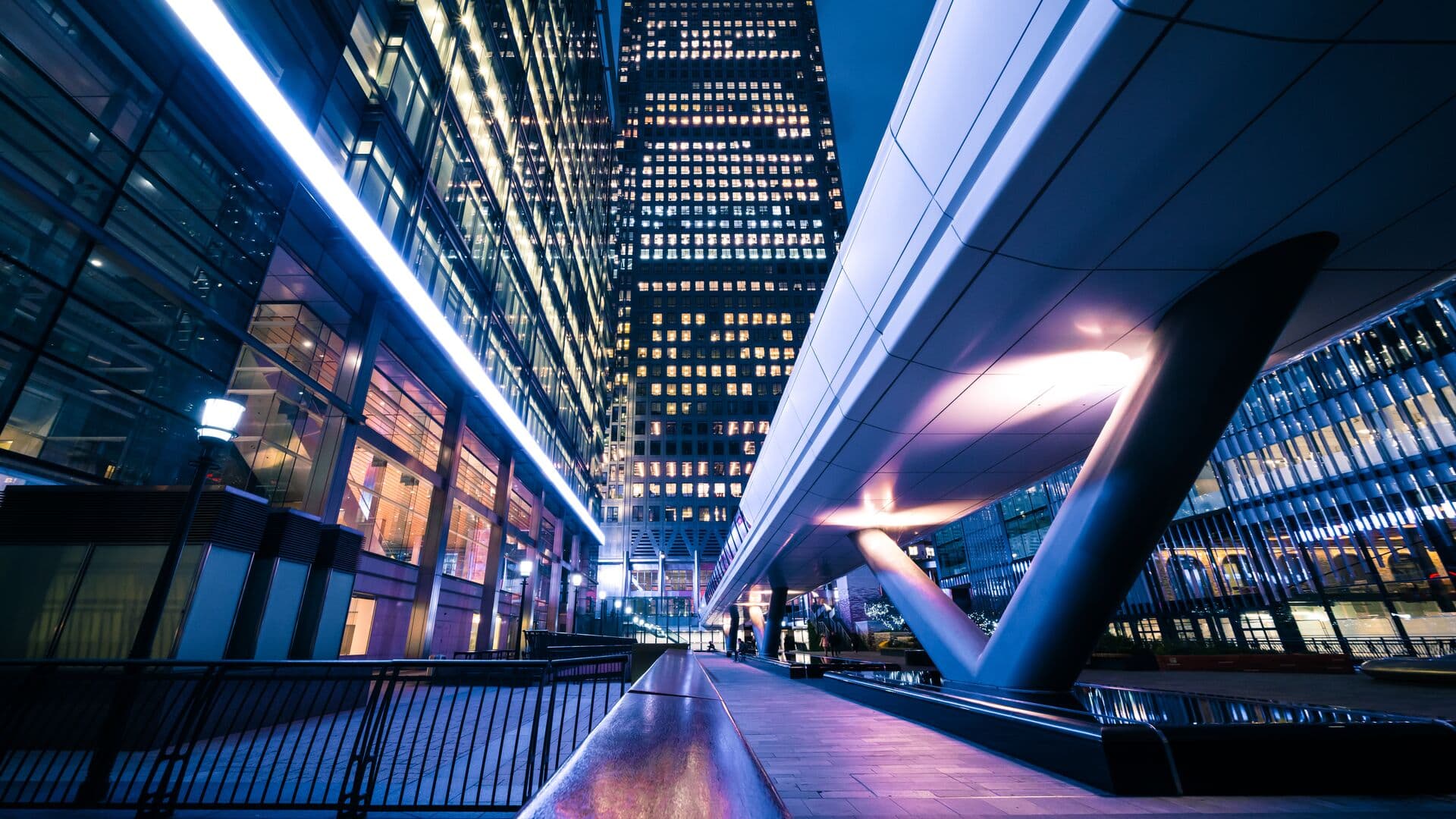 luminated office buildings at Canary Wharf, London at Night