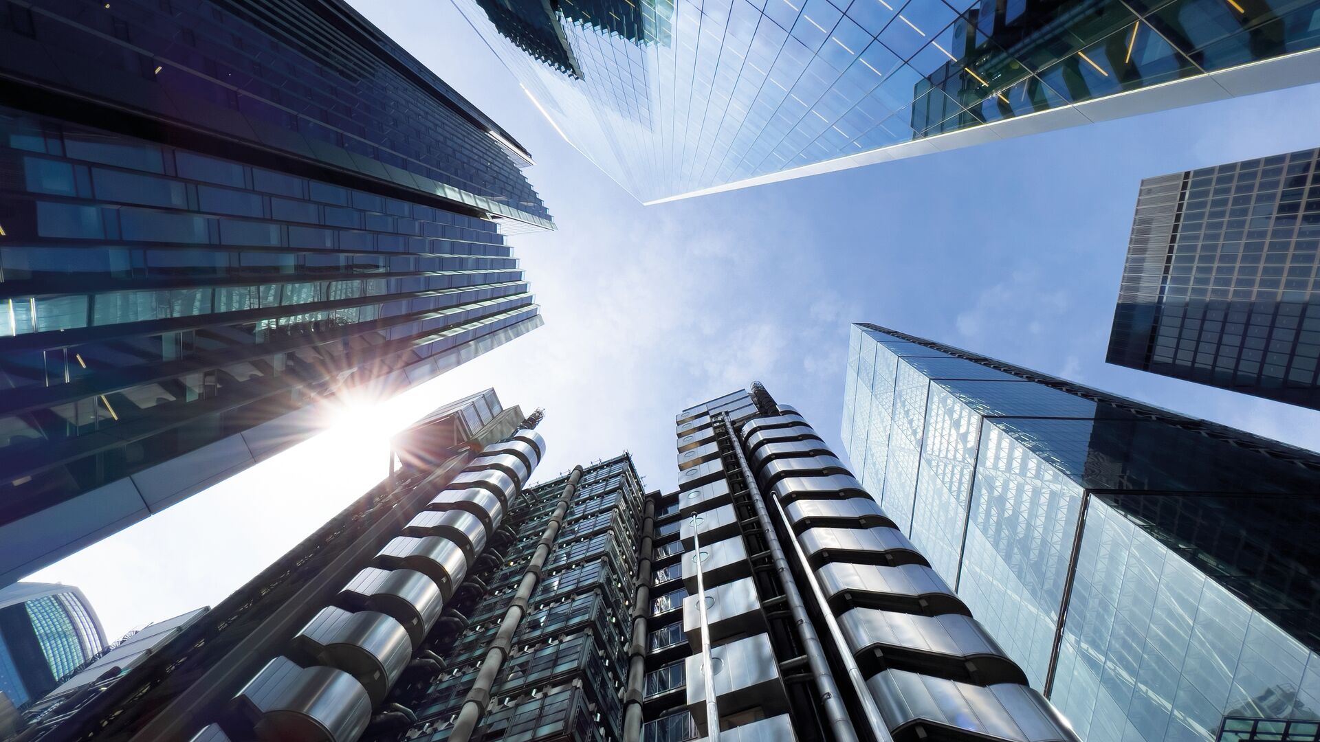 Looking up at skyscrapers in the city of London