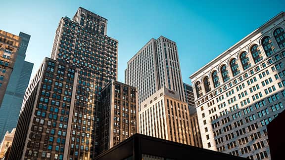 Chicago skyline in the loop on a sunny day.