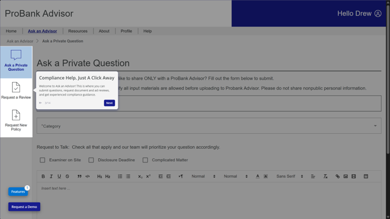 Ask a Private Question feature for submitting compliance questions and supporting documents.