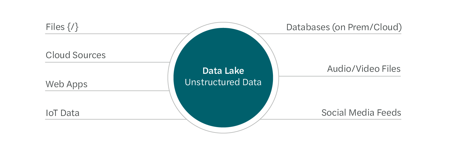 The following are examples of unstructured data that can be stored in a data lake: files, cloud sources, web apps, IoT data, databases (on prem/cloud), audio/video files, and social media feeds.