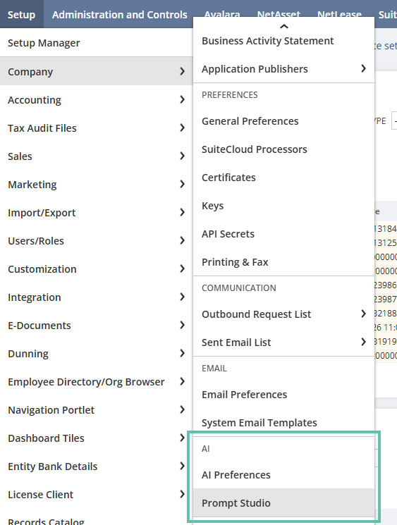 Screenshot of the NetSuite Setup menu showing navigation options, including a highlighted AI section with AI Preferences and Prompt Studio.