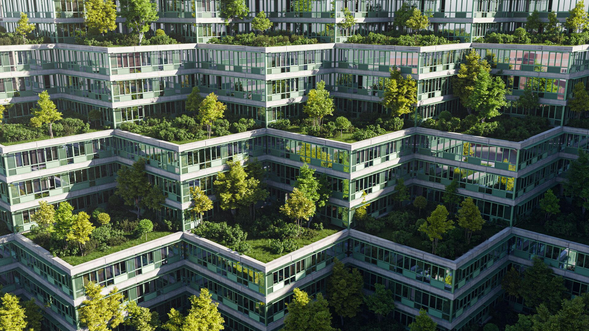 A sustainable green office or housing complex with roof gardens.