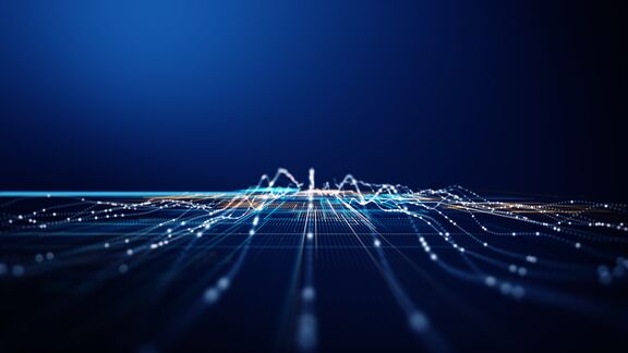 Abstract 3D digital grid with dynamic data lines and glowing dots representing AI.