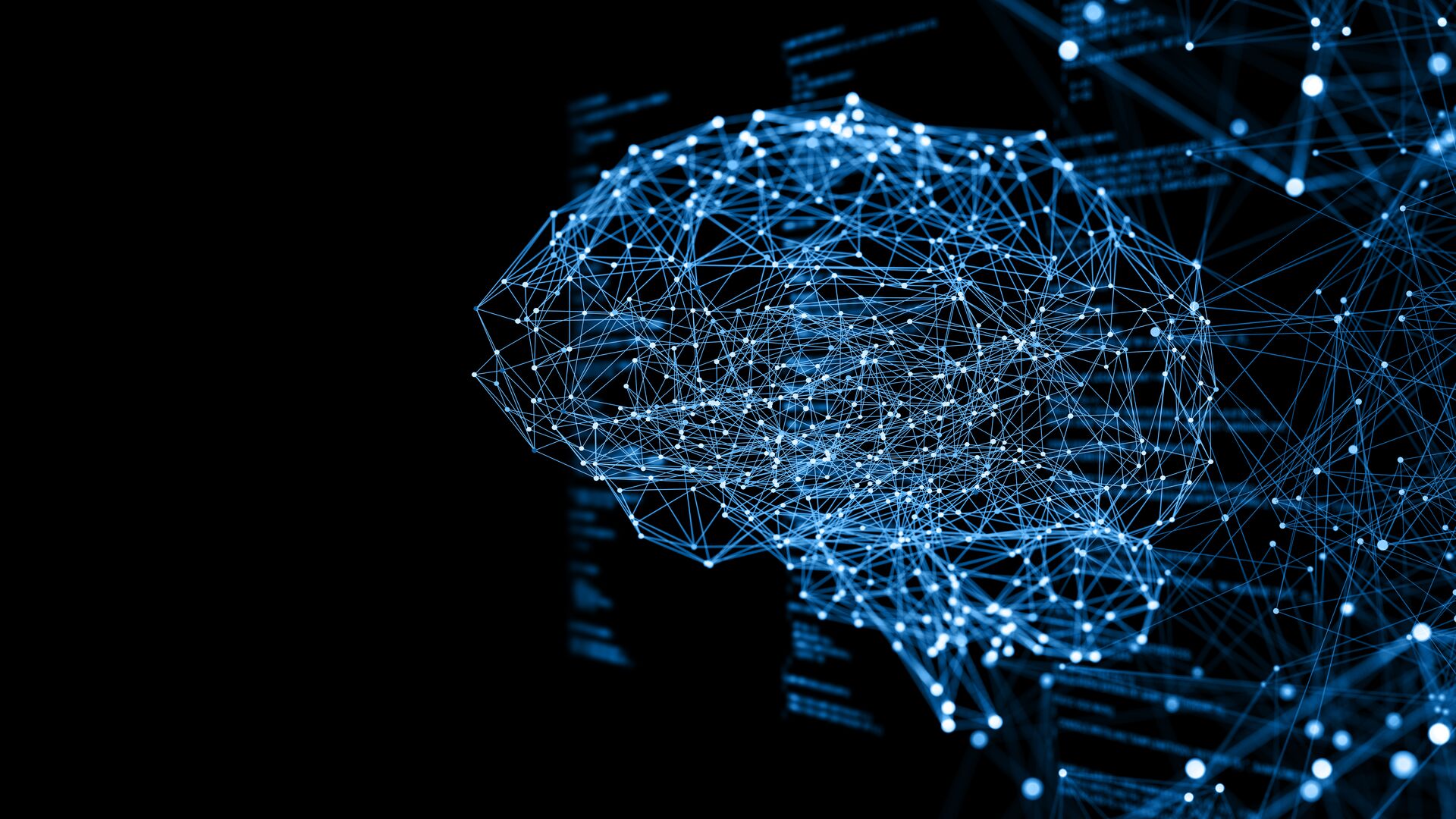 A digital background depicting innovative technologies in artificial intelligence with a brain created by lines and dots.