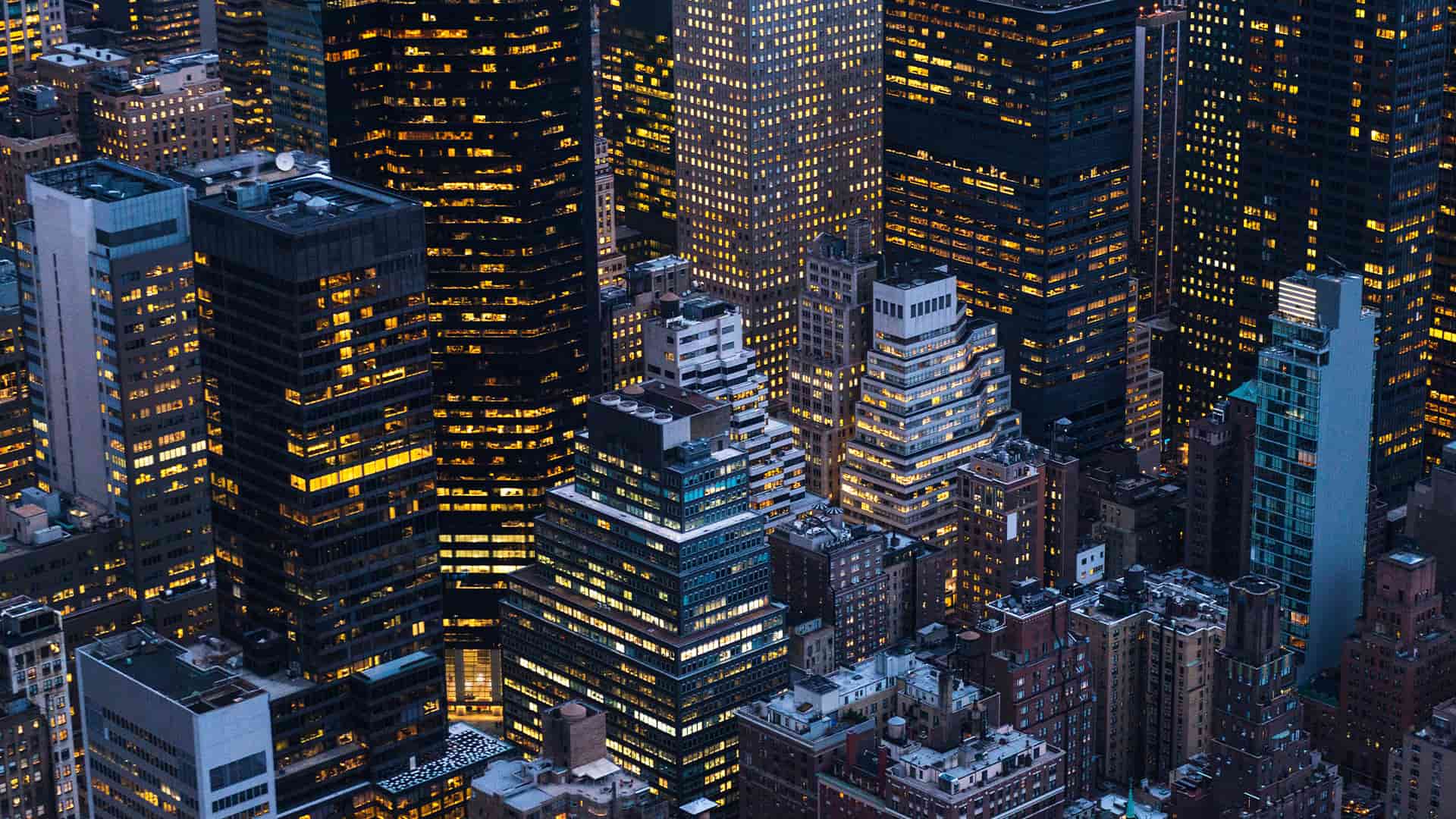 High angle shot of large group of majestic skyscrapers in Manhattan, New York City.