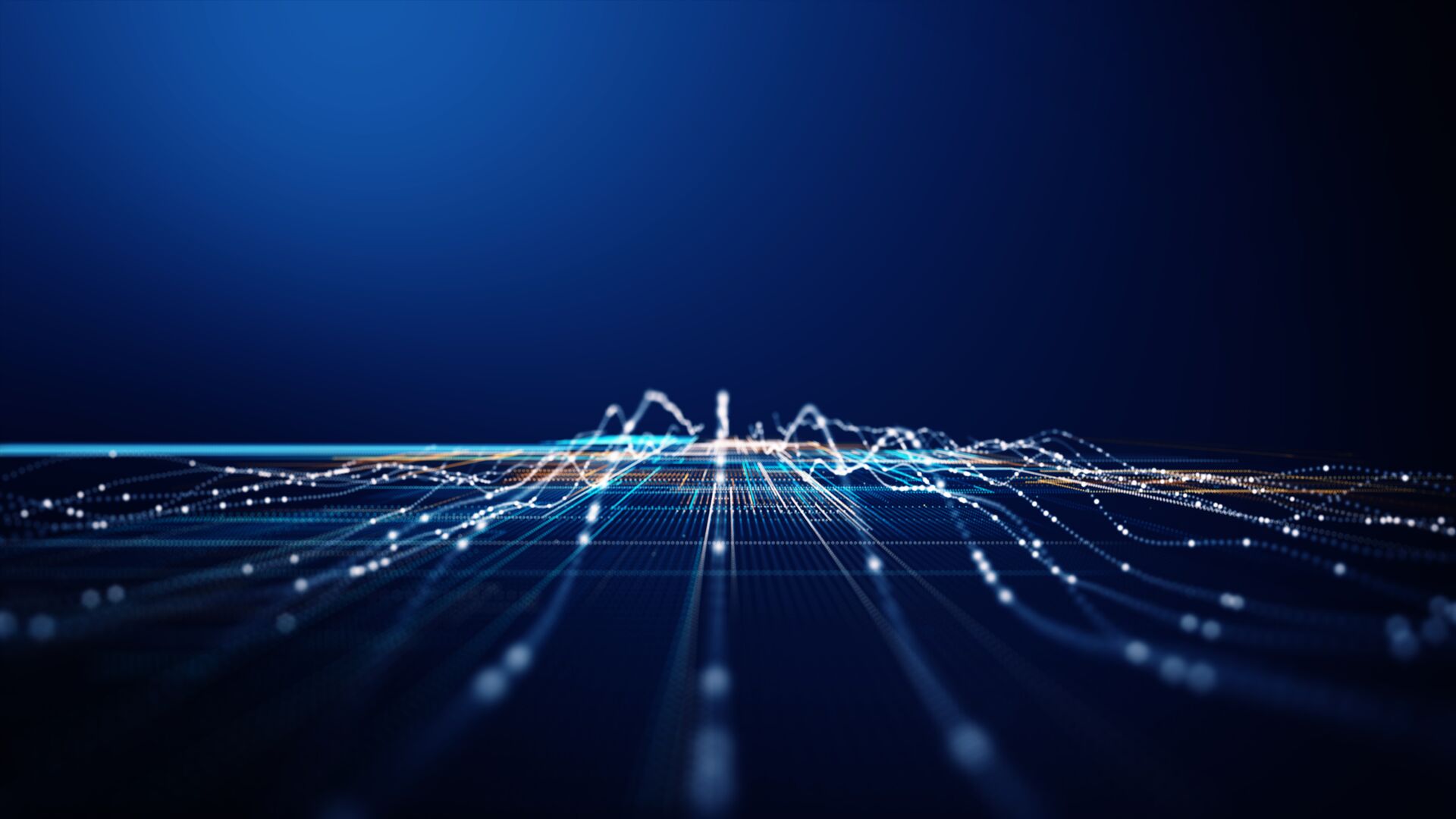 Abstract 3D digital grid with dynamic data lines and glowing dots representing AI.