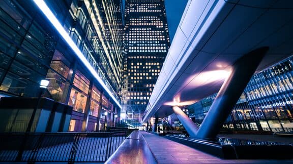 luminated office buildings at Canary Wharf, London at Night