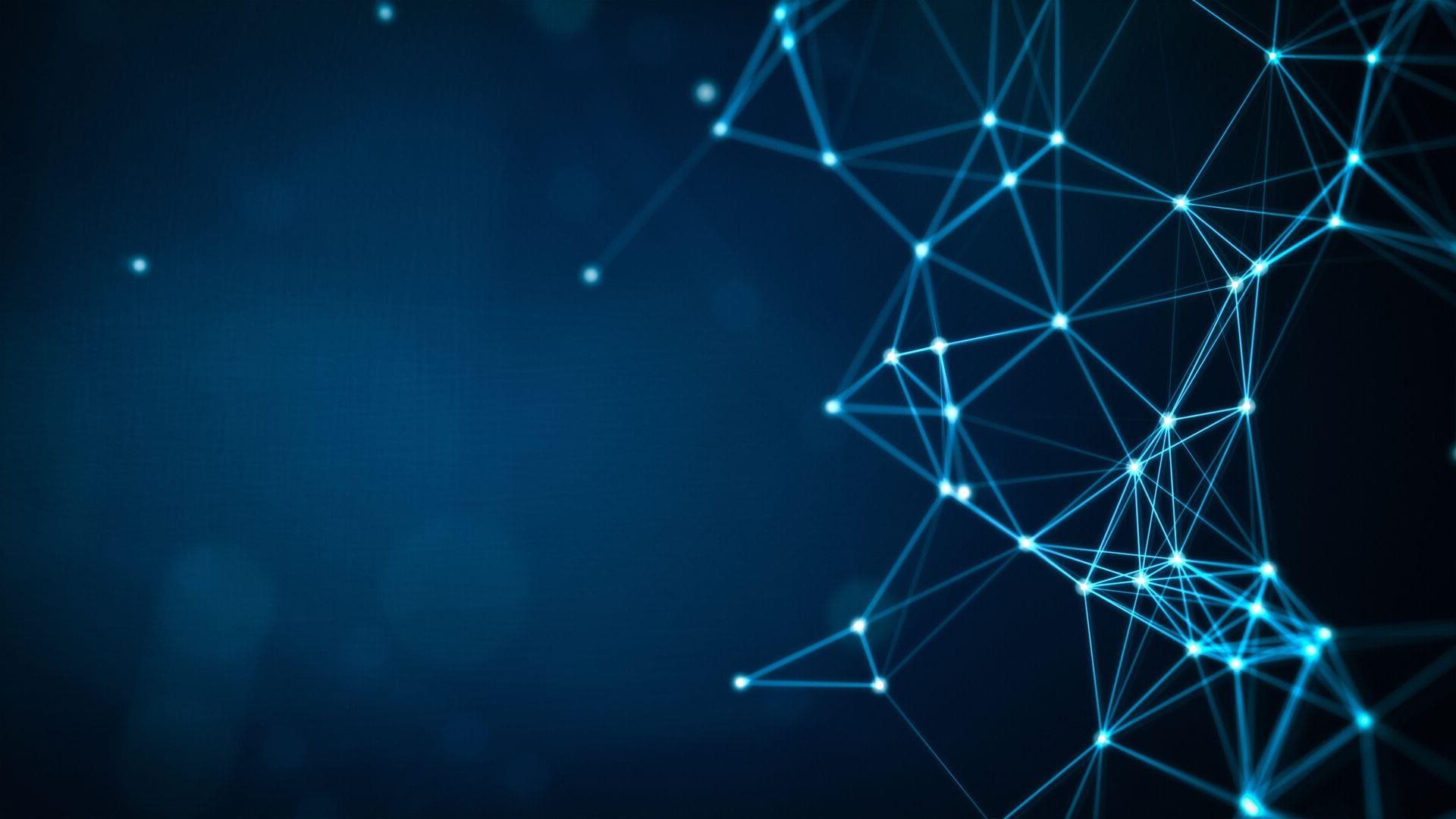 Futuristic digital background featuring glowing blue lines and nodes forming a connected neural or network-like structure on a dark gradient backdrop.