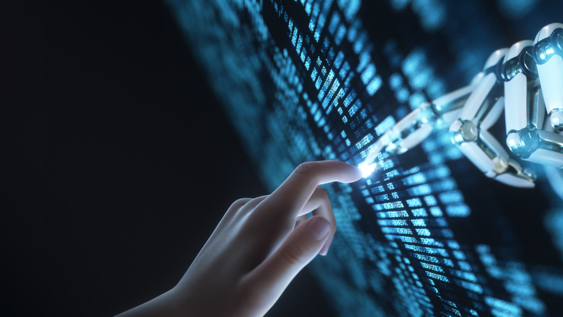 Digital generated image of robot's hand touching human's hand through transparent digital panel with numbers on black background.