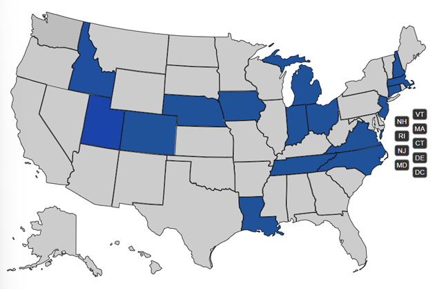 U.S. map highlighting select states in blue, including ID, CO, OH, IN, TN, LA, VT, NH, MA, CT, NJ, DE, MD, and DC, indicating states with advanced nuclear actions; all other states are shown in gray.