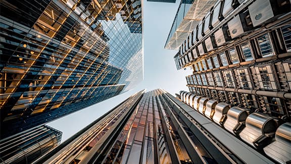 Ground to sky angle of skyscrapers in London's financial district.