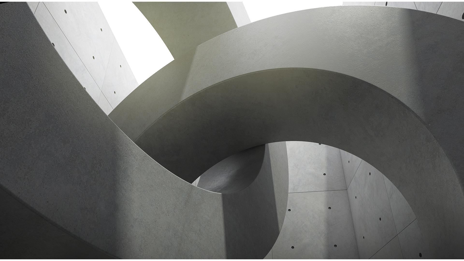 Abstract of architecture space with rhythm of circle concrete block and light and shadow of the sun