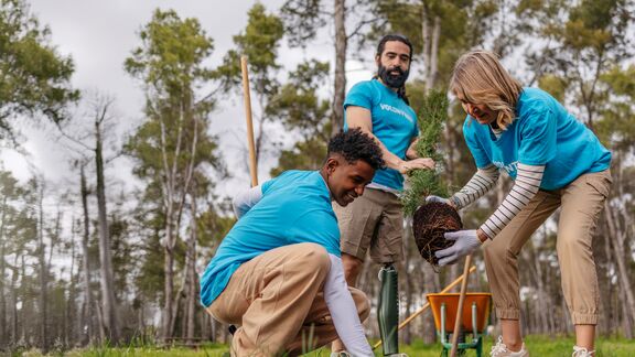 Diverse group of volunteers is planting a young tree in the park.