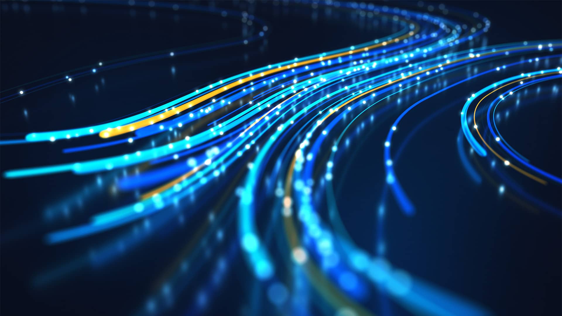 Network data that is flowing and glowing yellow and blue colors and with a black background