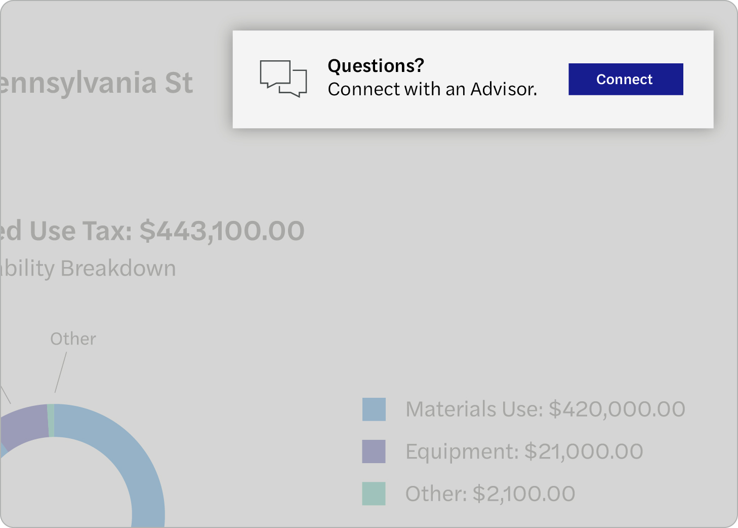 Screenshot with a modal window allowing users to connect with an advisor.