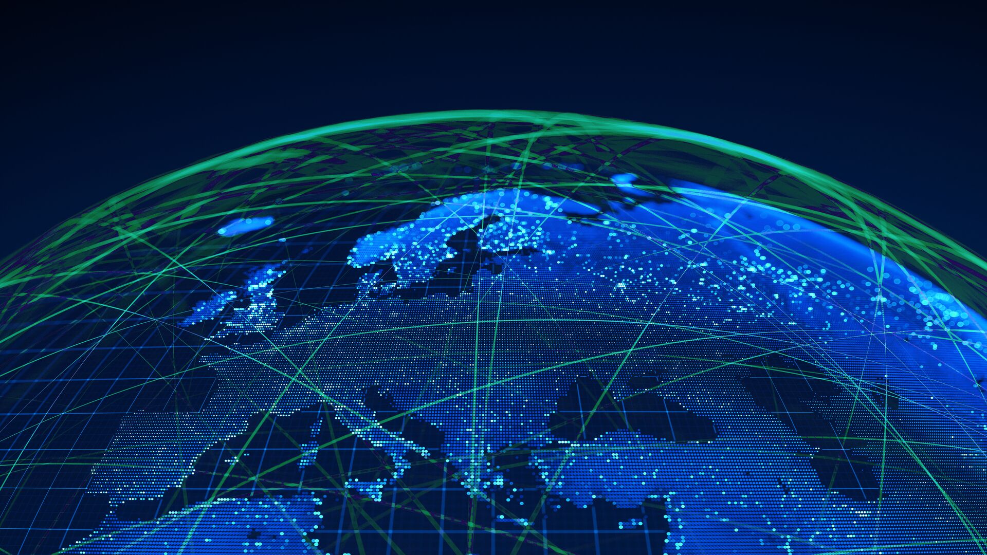 A 3D render of planet Earth showing a global communication network with red lines.