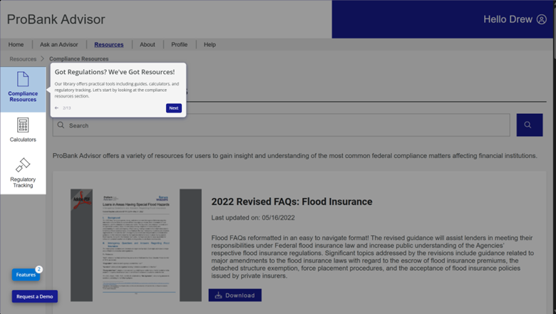 Compliance Resources section with access to compliance guidance, calculators, and regulatory resources.