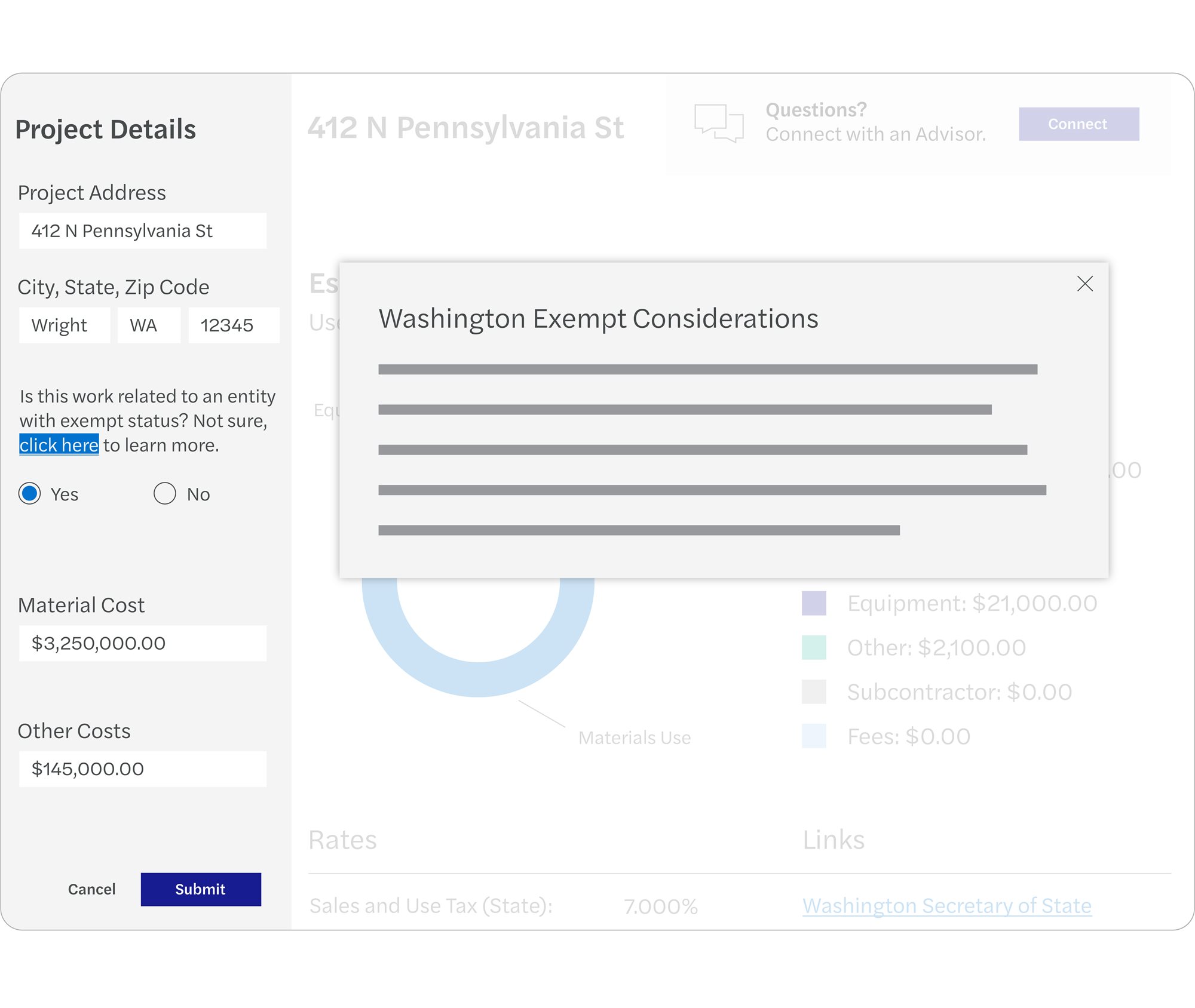 Screenshot showing a popup with tax considerations relevant to a project