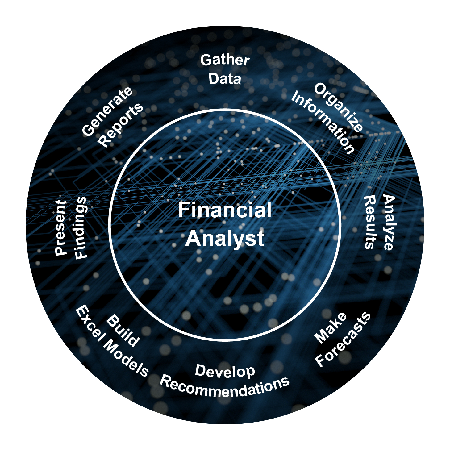 Circular diagram with ‘Financial Analyst’ at the center, surrounded by key activities: gather data, organize information, analyze results, make forecasts, develop recommendations, build Excel models, present findings, and generate reports.