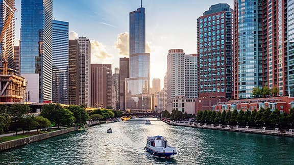 Chicago Cityscape from Chicago River Waterfront at Dusk.