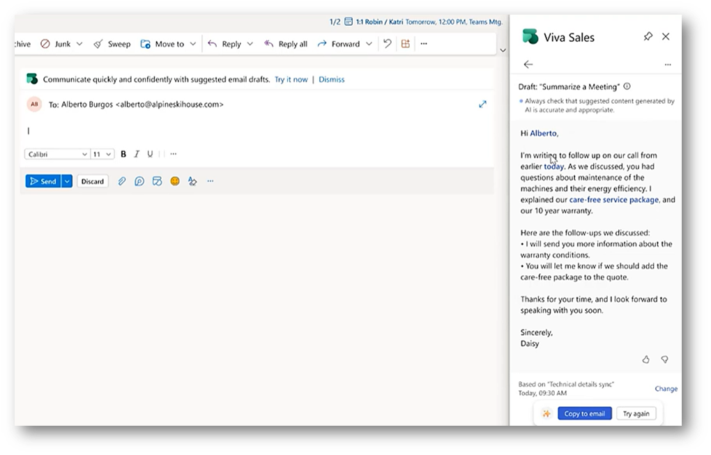 Copilot Viva Sales using AI to engage customers with emails.