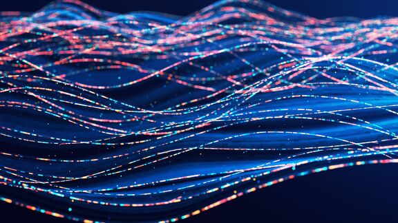 Abstract image of internet connection and a flowing data on a dark blue background.