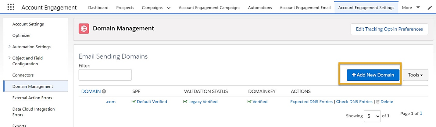 The Add New Domain button can be found here.