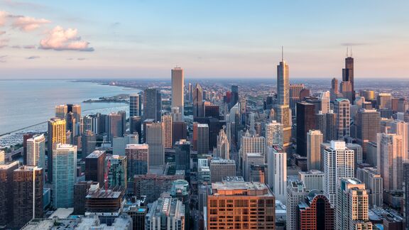 Chicago, IL skyline overlooking Lake Michigan.