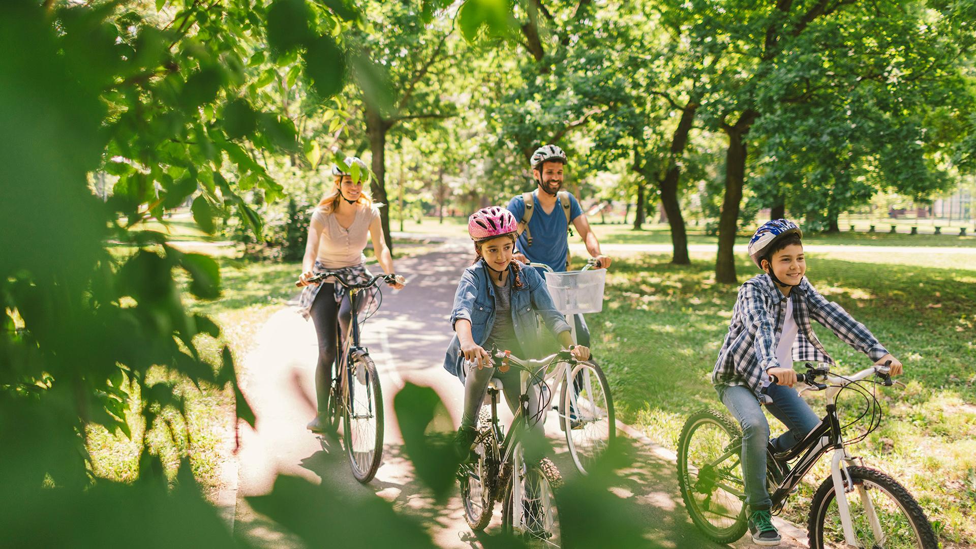 Family riding bicycle in the public park together. Cycling and enjoying the sunny day
