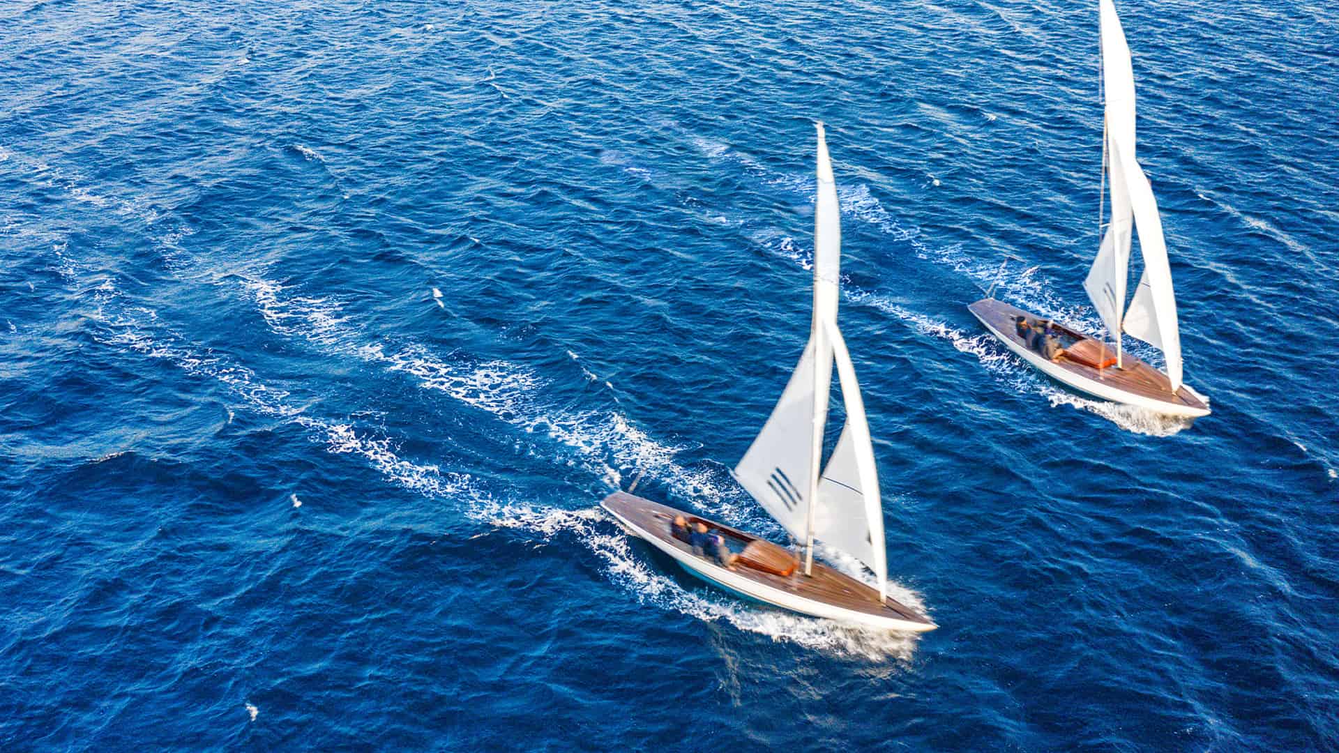 Two sailboats zooming by in a lake.
