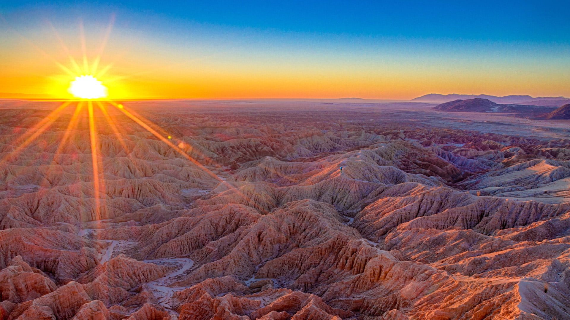 The grand canyon with a setting sun in the foreground.
