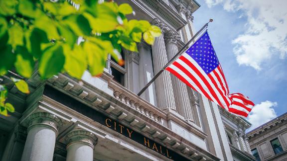 American flag outside a court house.
