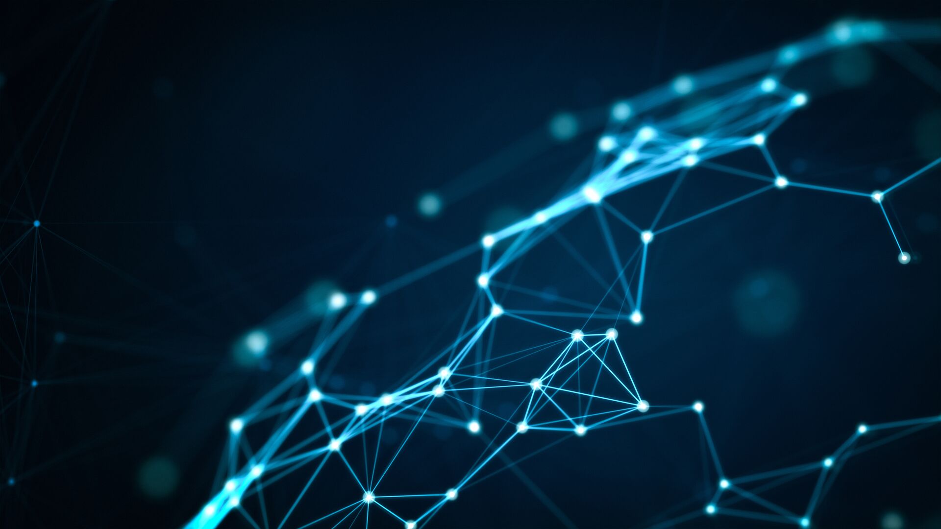 Abstract visualization of a neural network or digital data flow, featuring interconnected blue glowing nodes and lines on a dark background.
