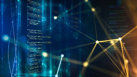 Abstract digital background featuring glowing network connections, programming code, and geometric lines.