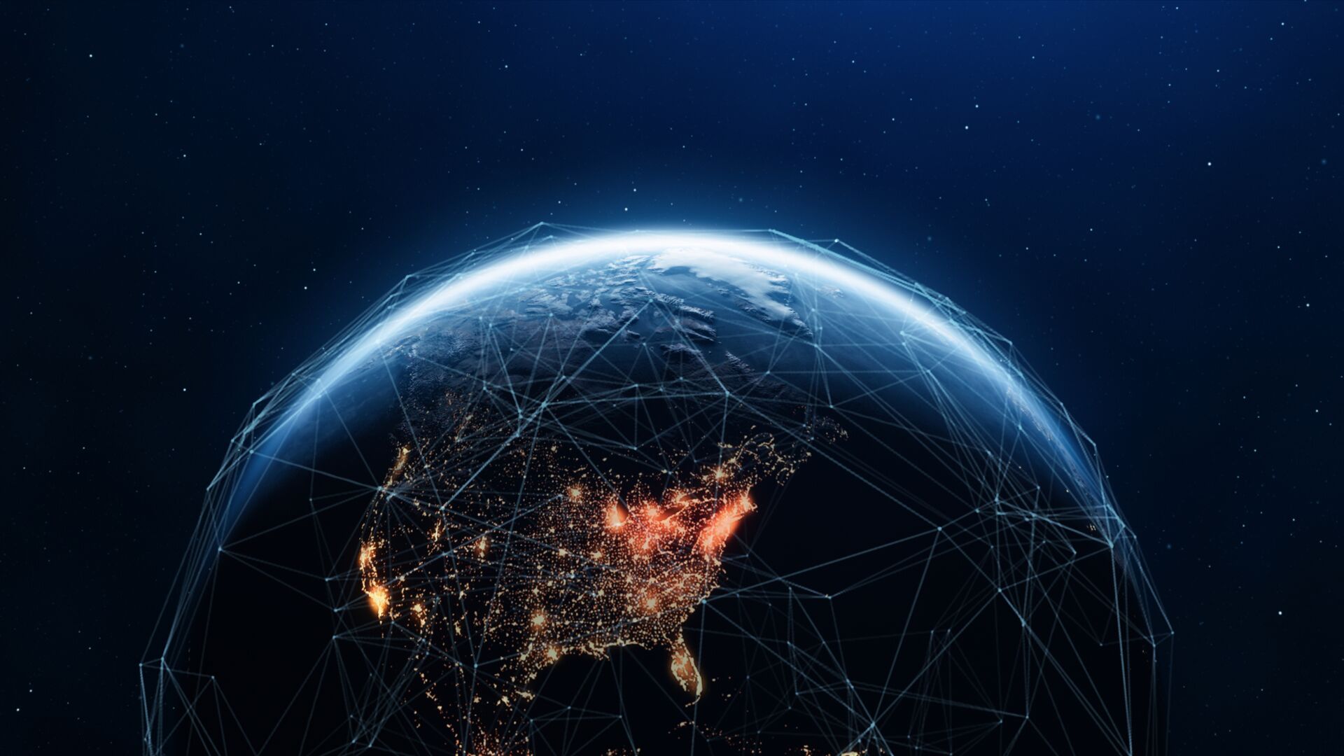 A 3D render of planet Earth with illuminated cities lights showing a digital network