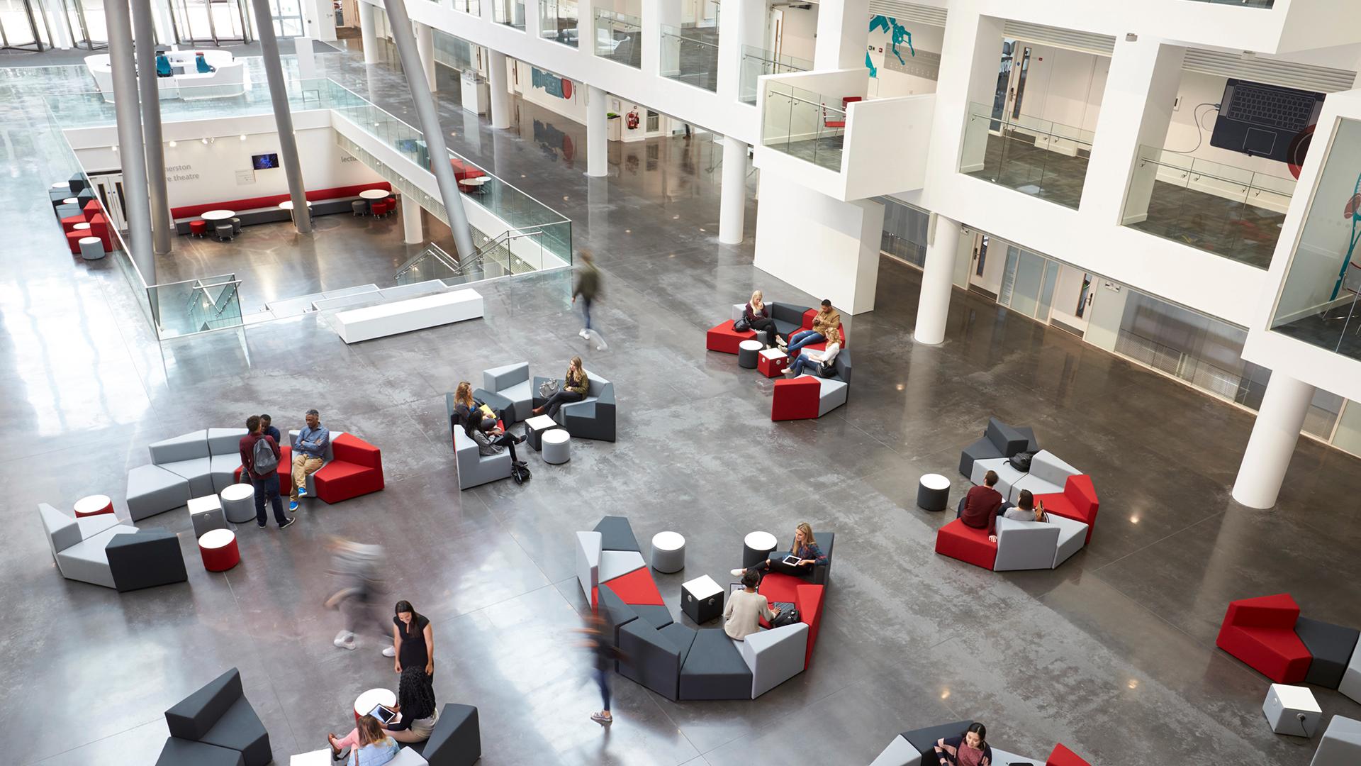 An elevated view of seating in a university atrium
