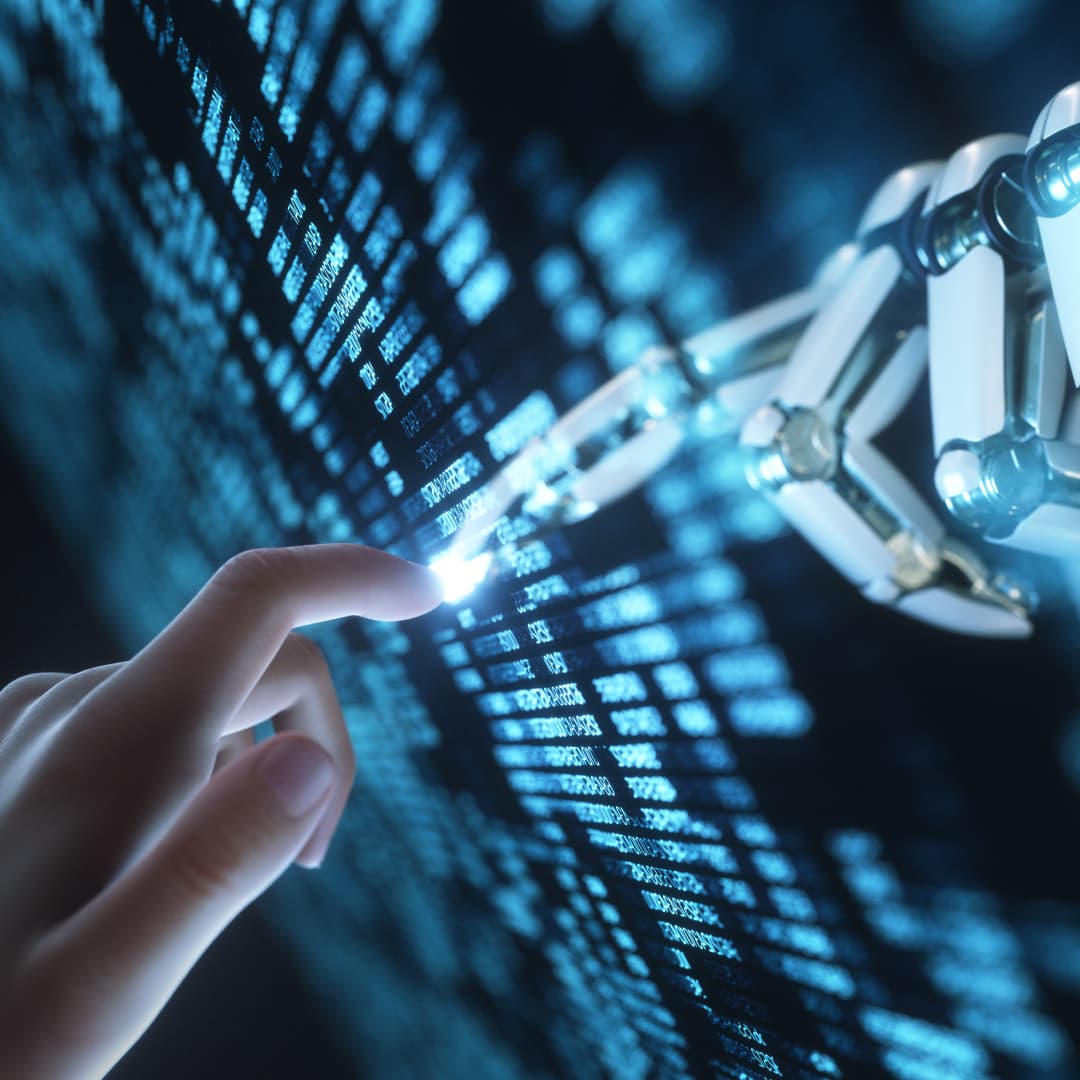 Digital generated image of robot's hand touching human's hand through transparent digital panel with numbers on black background.