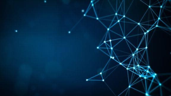 Futuristic digital background featuring glowing blue lines and nodes forming a connected neural or network-like structure on a dark gradient backdrop.